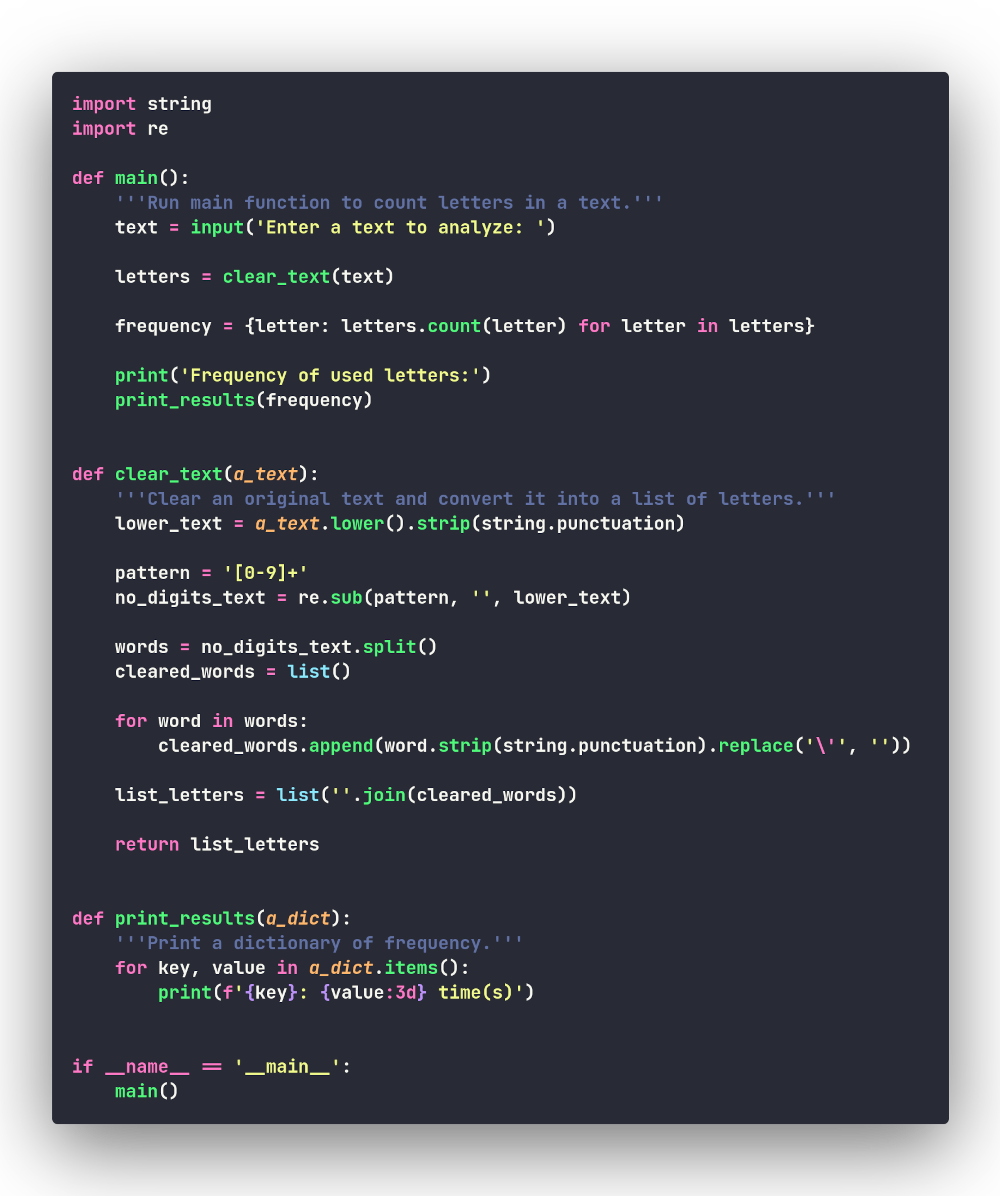 Скриншот программы с методом .count()